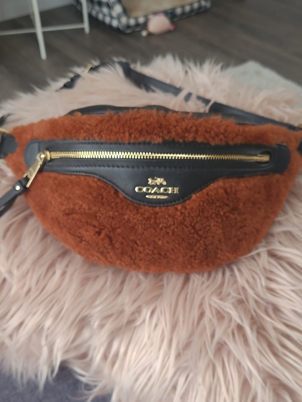 Coach Rust Brown Shearling Crossbody Belt Bag with Gold Hardware